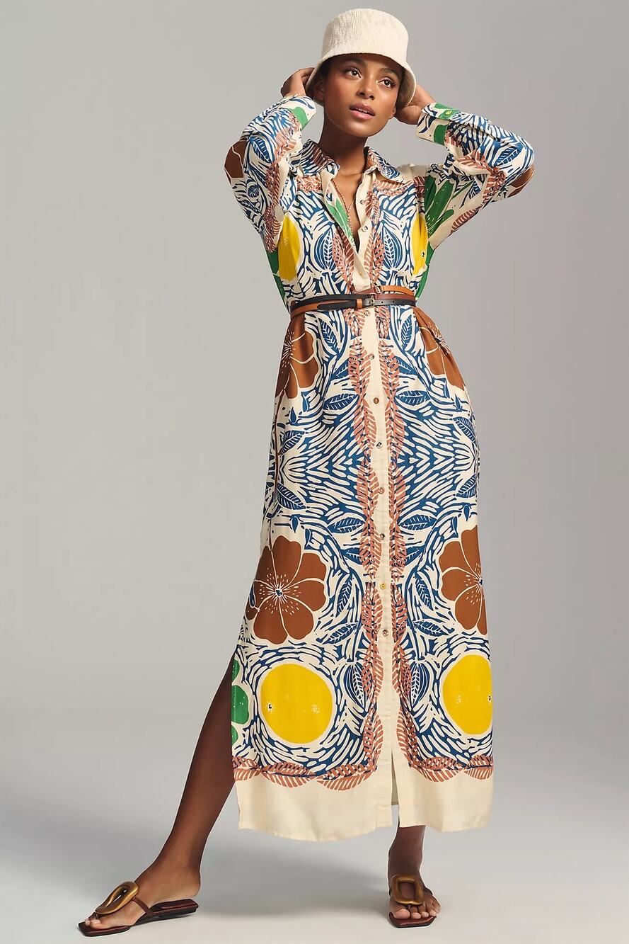 Carolina K side-slit shirt dress features artisanal botanical print XL